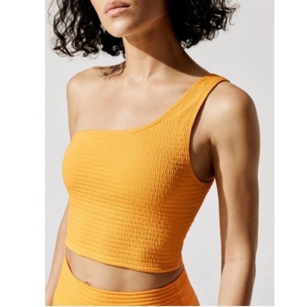 CARBON38 Pale Apricot Yellow Jacquard One Shoulder Bra Crop Top